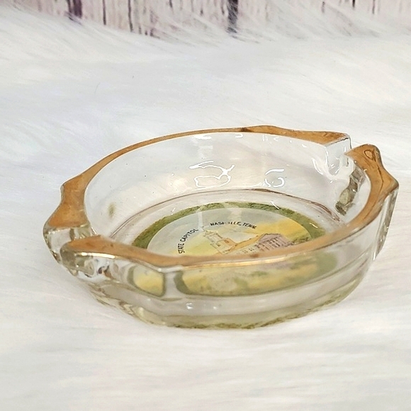 Vintage Tennessee Nashville State Capital Gold Tone Crystal Ashtray Felt Bottom - Picture 6 of 12